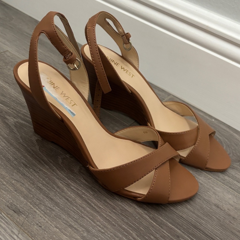 Nine West Tan Wedge Heels | Crisscross Strap Slingback Sandals